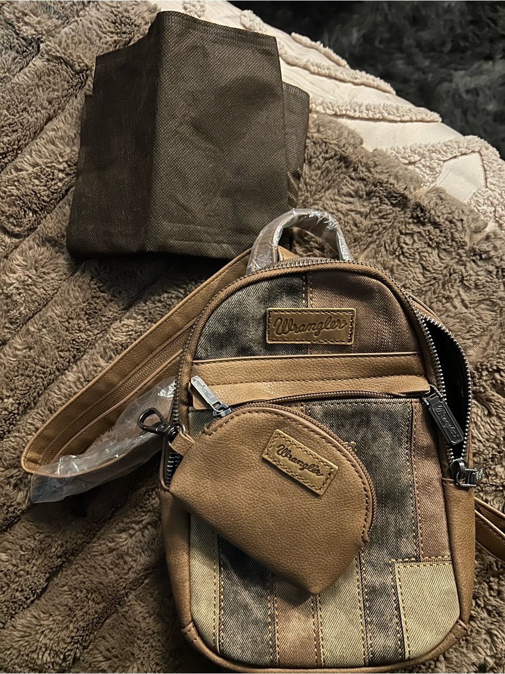 Wrangler Tan and Brown Canvas Sling Bag with Coin Pouch